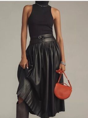 Anthropologie Maeve Faux Leather Pleated Midi Skirt